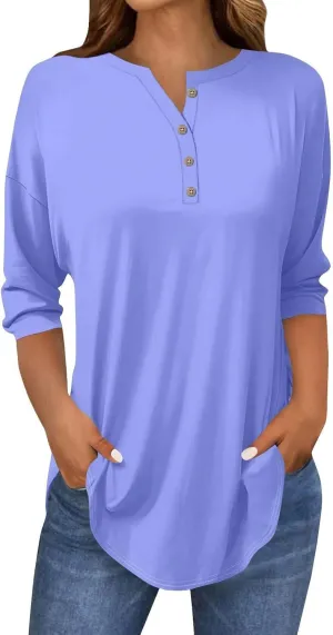 3/4 Length Sleeve Womens Tops 2025 Casual Loose Fit Long Tunic Tops Henley Neck Three Quarter Sleeve Button Up Shirts