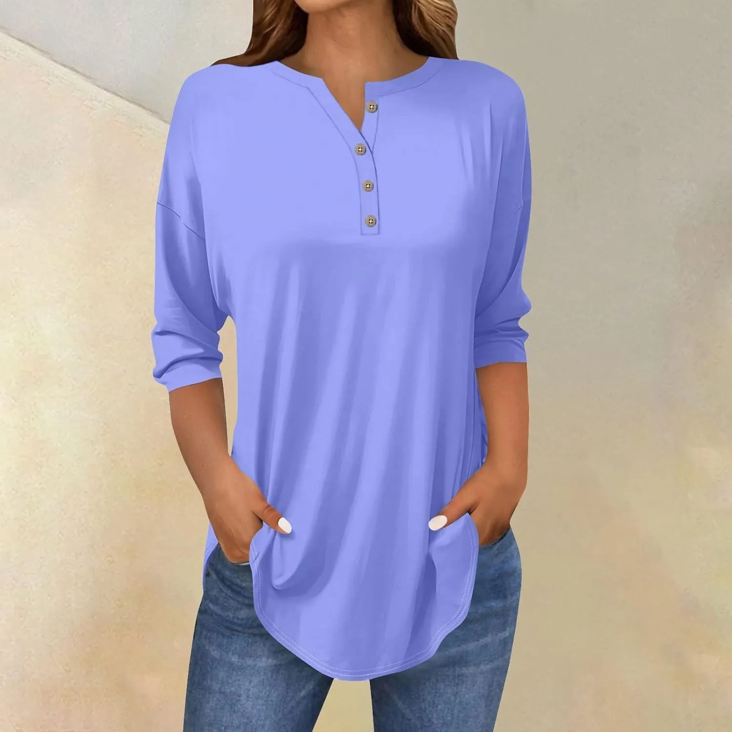 3/4 Length Sleeve Womens Tops 2025 Casual Loose Fit Long Tunic Tops Henley Neck Three Quarter Sleeve Button Up Shirts