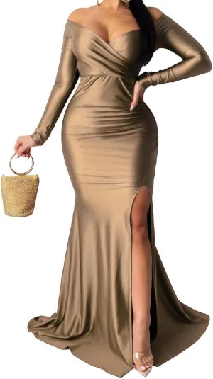 A ADILACA Women's Off Shoulder High Split Long Formal Party Maxi Dress, Off Shoulder High Split Dress