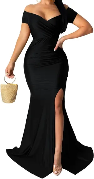 A ADILACA Women's Off Shoulder High Split Long Formal Party Maxi Dress, Off Shoulder High Split Dress