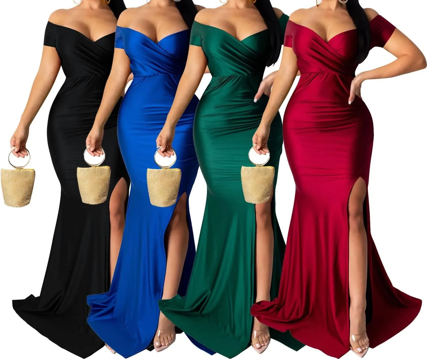 A ADILACA Women's Off Shoulder High Split Long Formal Party Maxi Dress, Off Shoulder High Split Dress