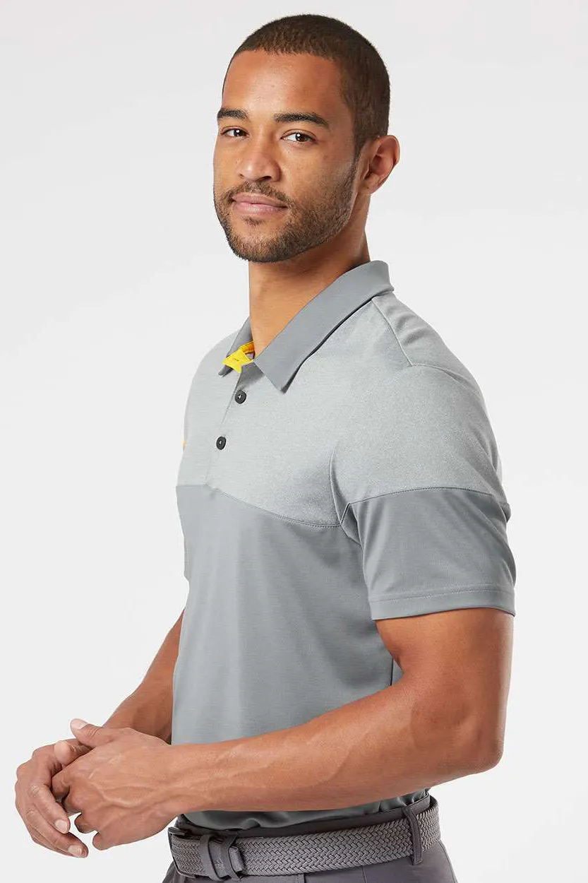 Adidas Mens 3 Stripes Colorblock Moisture Wicking Short Sleeve Polo Shirt - Vista Grey/Yellow - Closeout