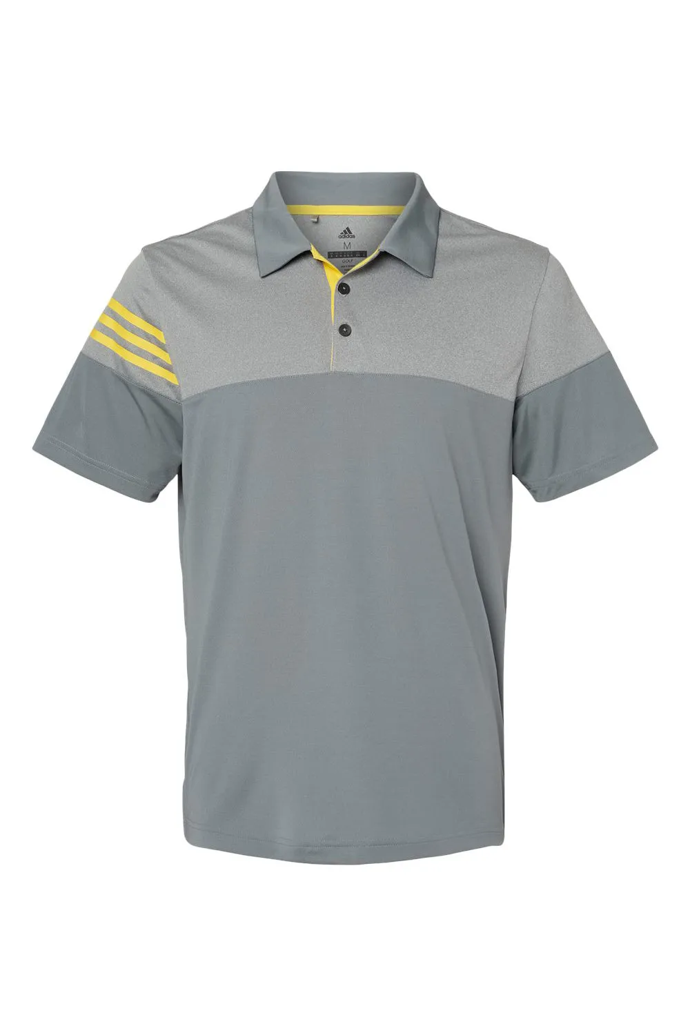 Adidas Mens 3 Stripes Colorblock Moisture Wicking Short Sleeve Polo Shirt - Vista Grey/Yellow - Closeout