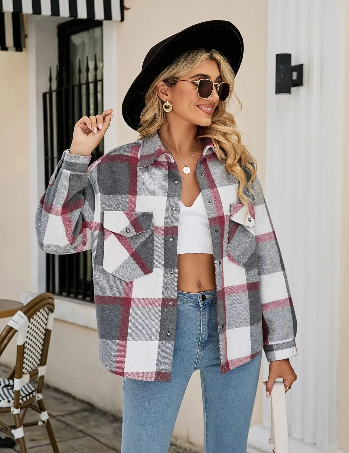 APAFES Women's Winter Warm Sherpa Fleece Lined Jacket Fuzzy Flannel Plaid Shacket Shirt Coats (All Sherpa Lining)
