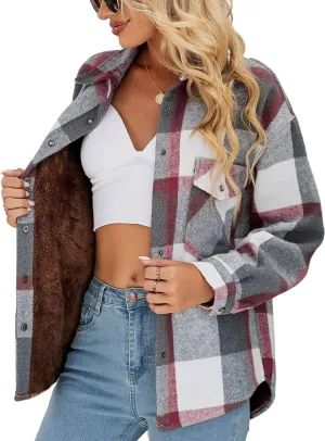 APAFES Women's Winter Warm Sherpa Fleece Lined Jacket Fuzzy Flannel Plaid Shacket Shirt Coats (All Sherpa Lining)