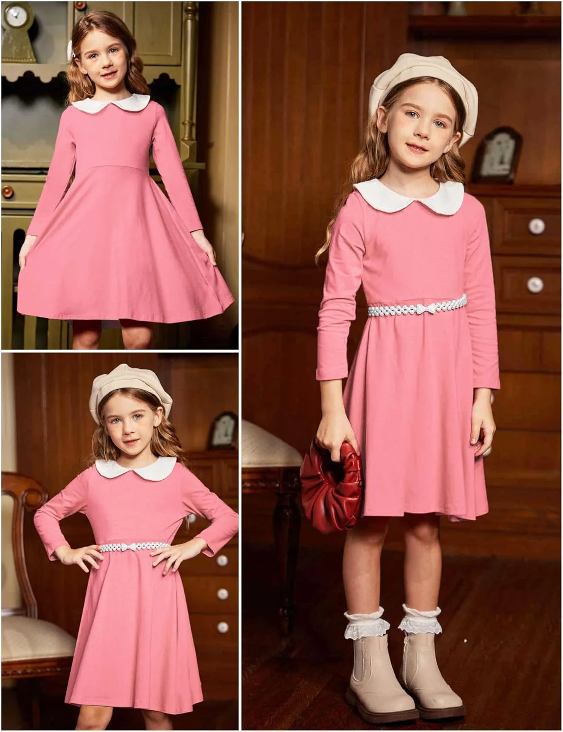 Arshiner Girls Long Sleeve Dress Casual Vintage Peter Pan Collar Swing Party Dress Age 3-14 Years