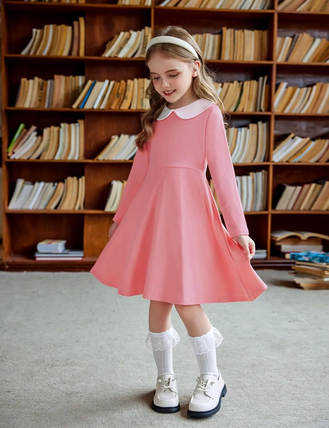 Arshiner Girls Long Sleeve Dress Casual Vintage Peter Pan Collar Swing Party Dress Age 3-14 Years