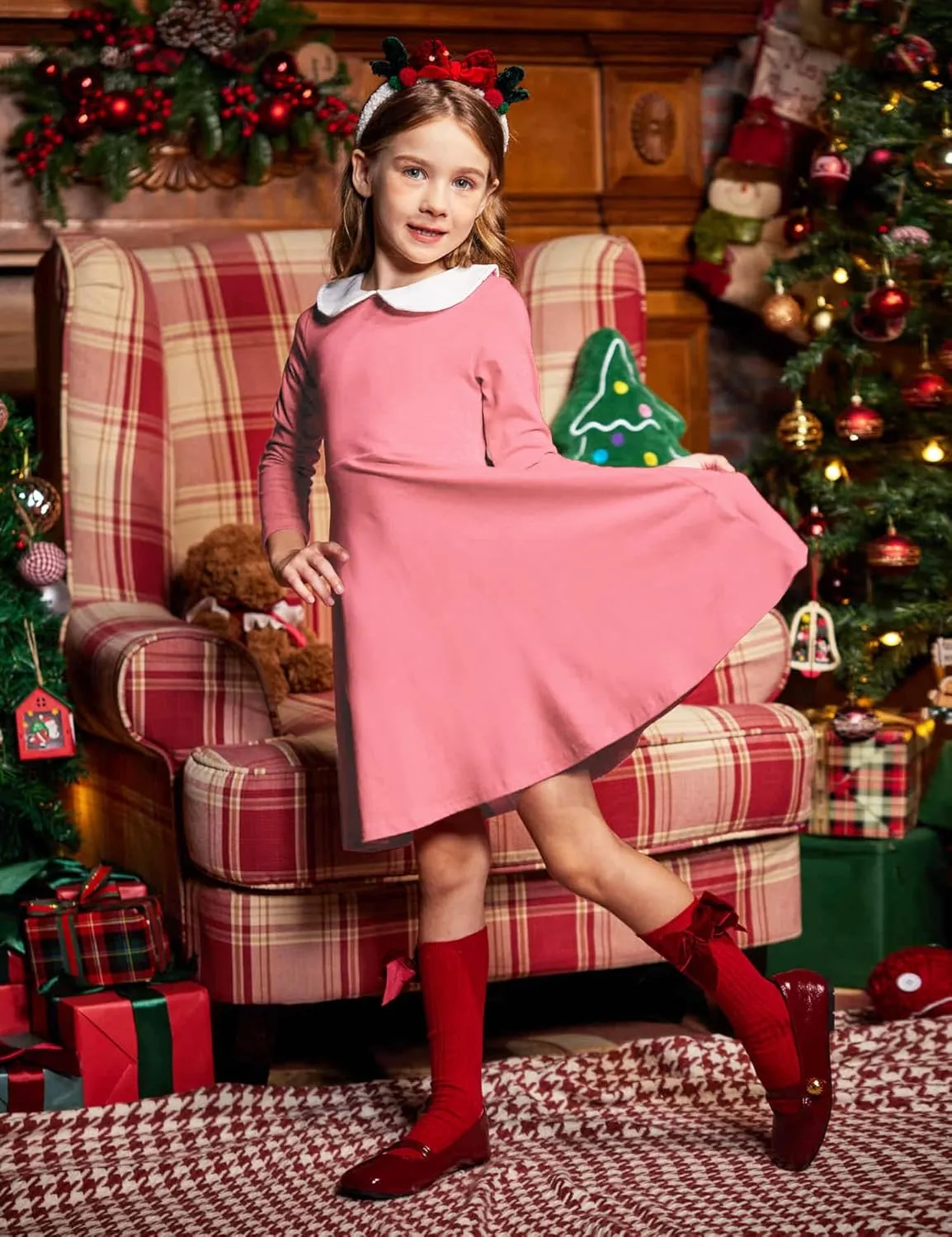 Arshiner Girls Long Sleeve Dress Casual Vintage Peter Pan Collar Swing Party Dress Age 3-14 Years