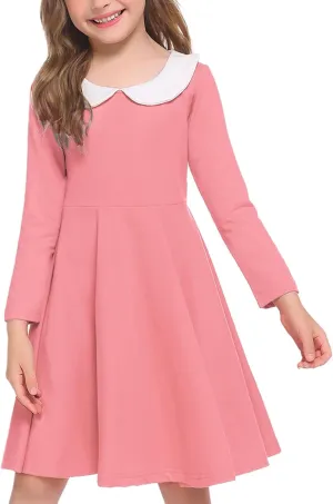 Arshiner Girls Long Sleeve Dress Casual Vintage Peter Pan Collar Swing Party Dress Age 3-14 Years