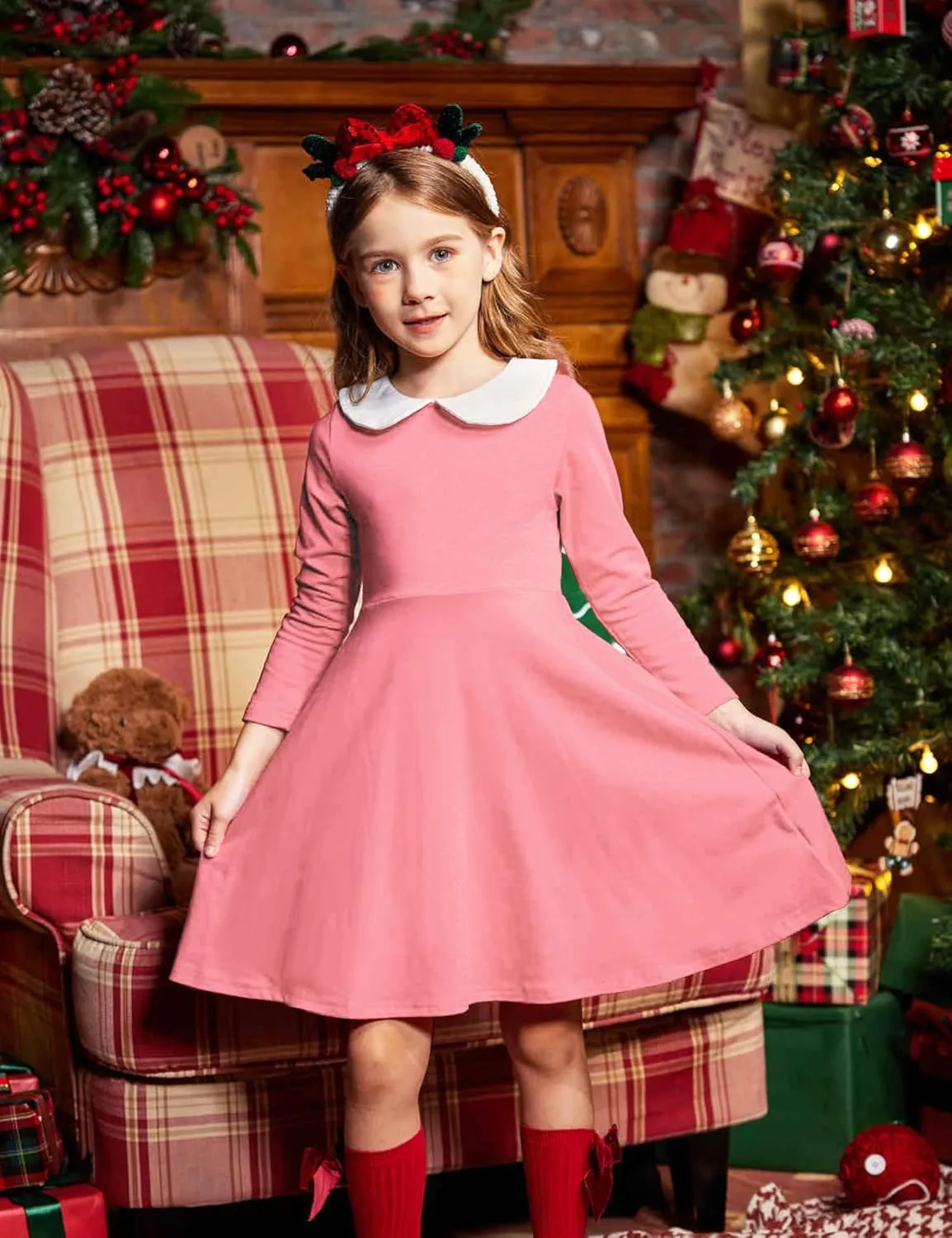 Arshiner Girls Long Sleeve Dress Casual Vintage Peter Pan Collar Swing Party Dress Age 3-14 Years