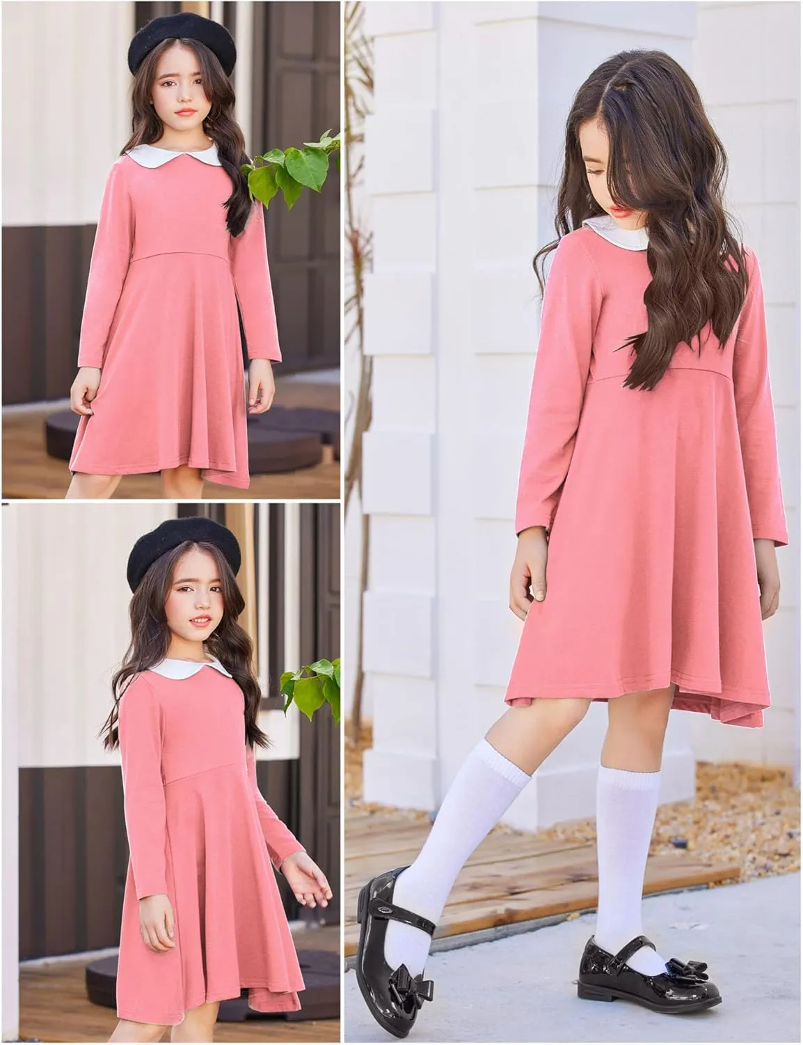 Arshiner Girls Long Sleeve Dress Casual Vintage Peter Pan Collar Swing Party Dress Age 3-14 Years