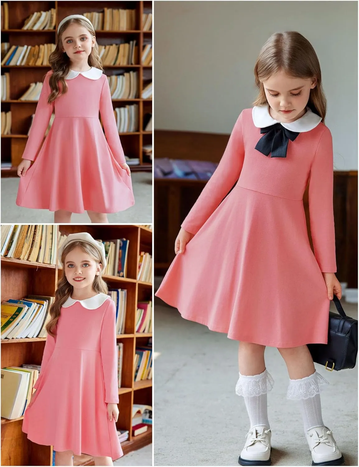 Arshiner Girls Long Sleeve Dress Casual Vintage Peter Pan Collar Swing Party Dress Age 3-14 Years