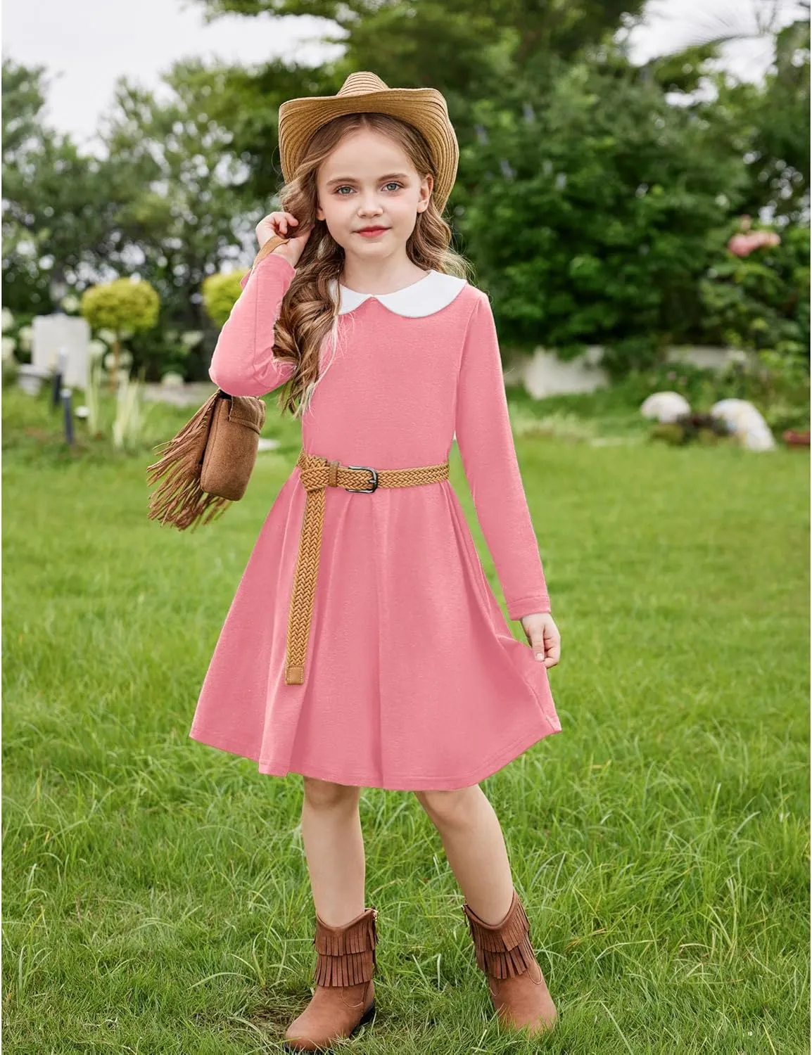 Arshiner Girls Long Sleeve Dress Casual Vintage Peter Pan Collar Swing Party Dress Age 3-14 Years