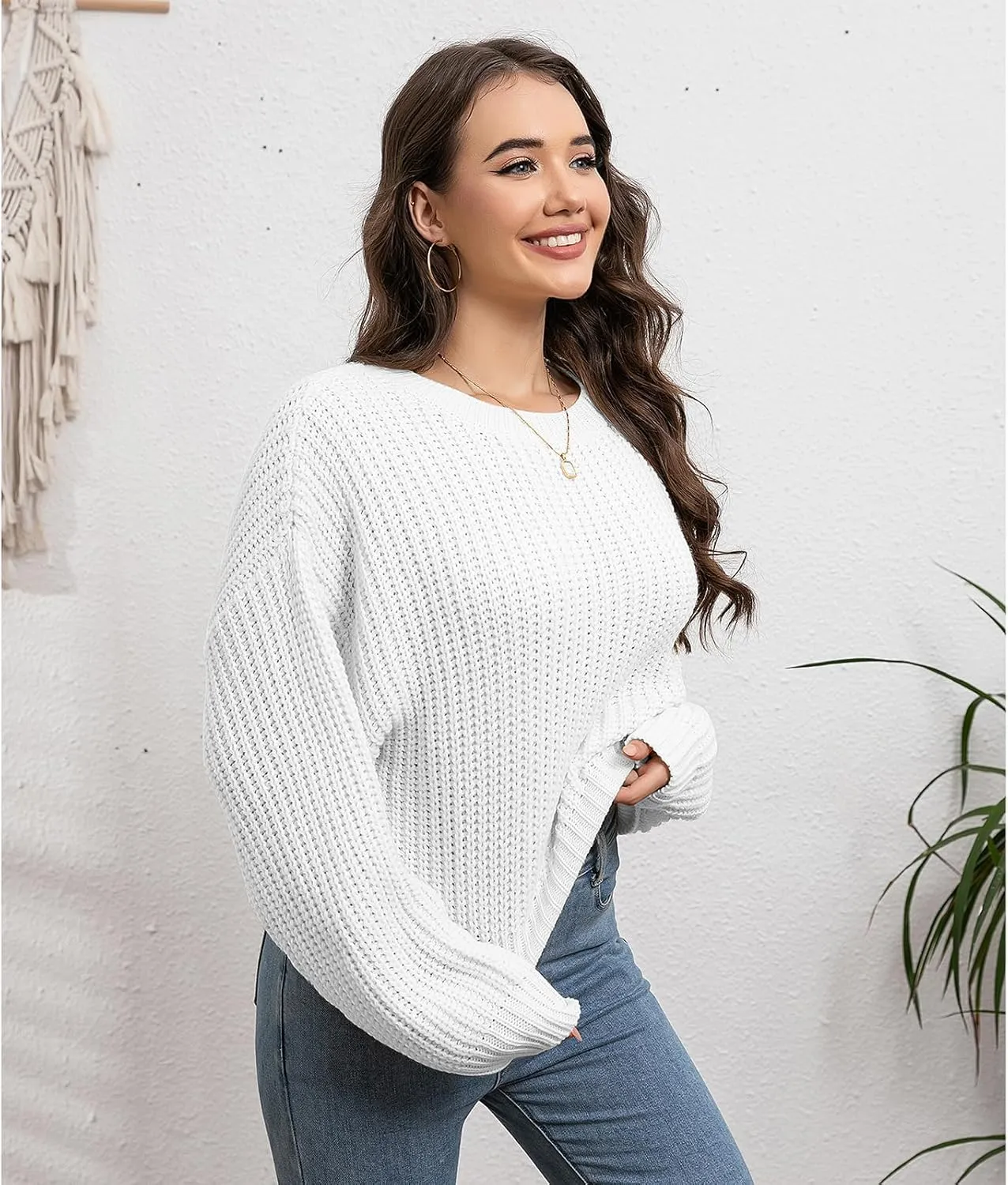 Autumn/Winter Women's Pullover Loose Lantern Sleeve Knitted Round Neck Knitted Sweater