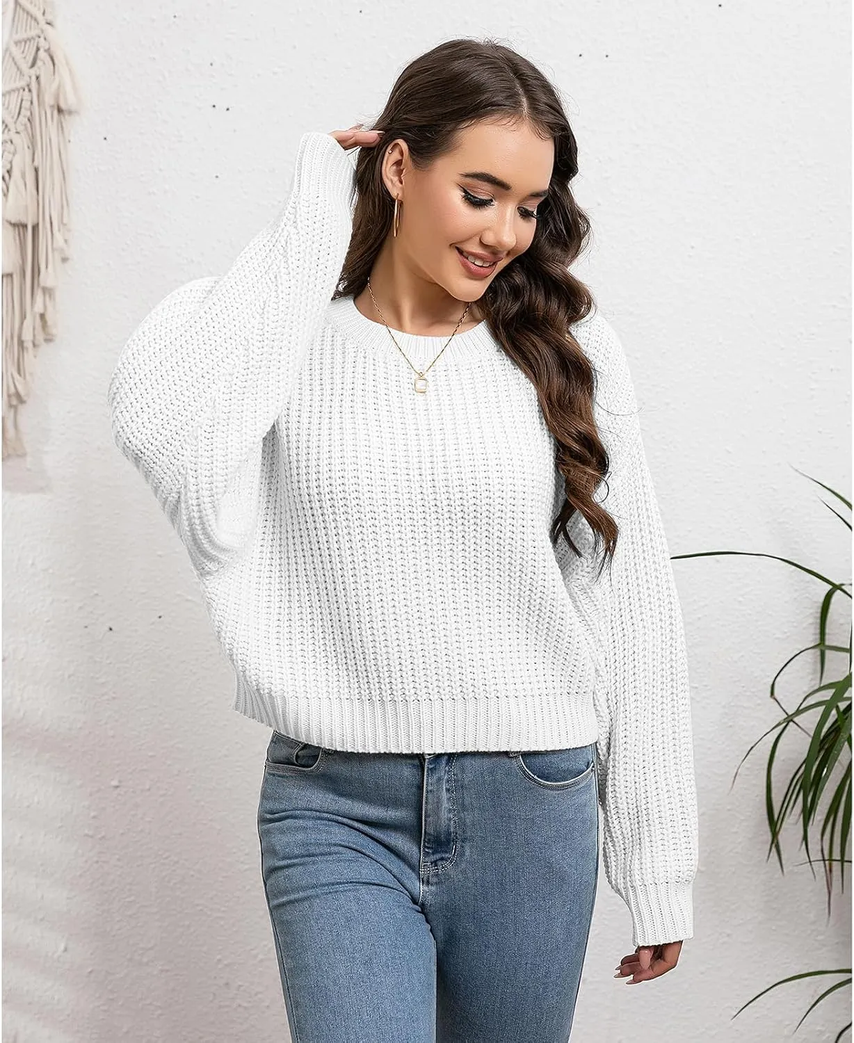 Autumn/Winter Women's Pullover Loose Lantern Sleeve Knitted Round Neck Knitted Sweater