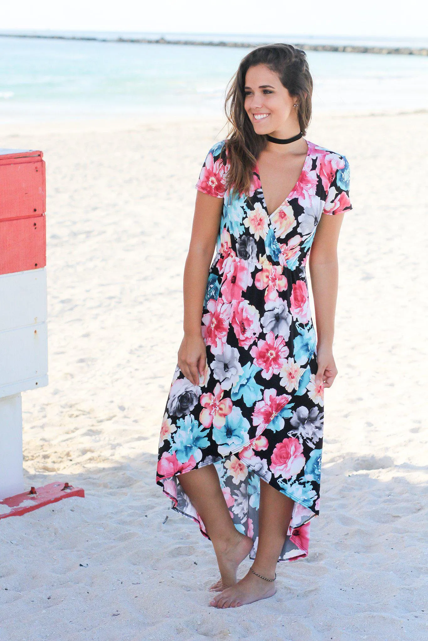 Black Floral High Low Dress with Short Sleeves