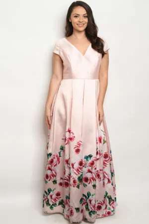 Blush Pink with Roses Plus Size Maxi Dress Gown