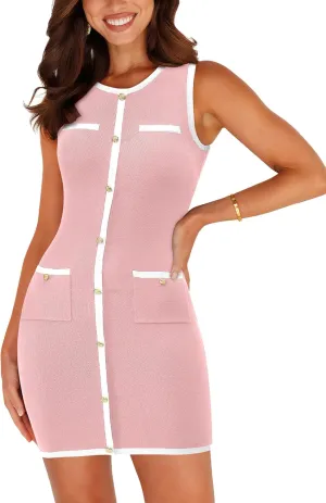 BTFBM Women's 2025 Summer Sweater Dress Sleeveless Ribbed Knit Bodycon Mini Dresses Solid Color Button Short Dress