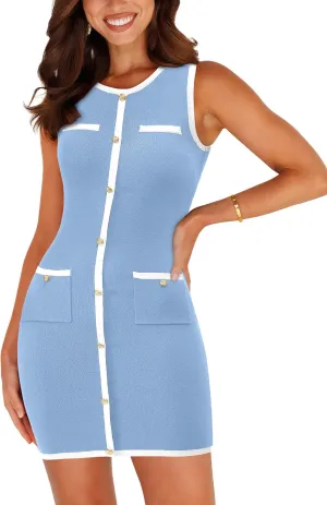 BTFBM Women's 2025 Summer Sweater Dress Sleeveless Ribbed Knit Bodycon Mini Dresses Solid Color Button Short Dress
