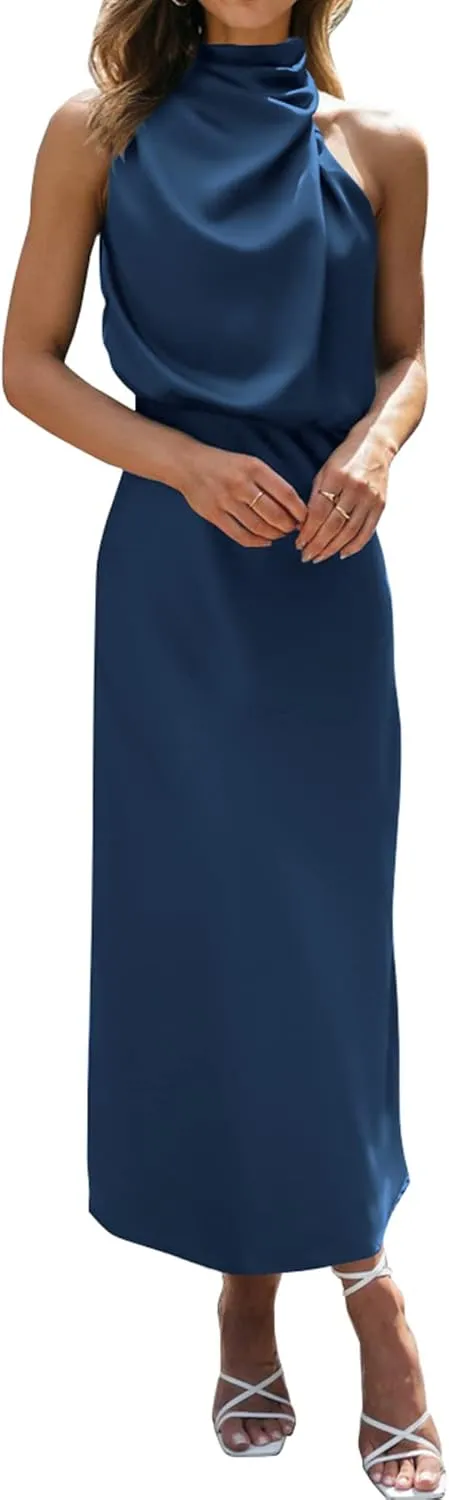 BTFBM Womens Sleeveless Cocktail Dresses Mock Neck Keyhole Elastic High Waist Evening Party Maxi Wedding Guest Dress