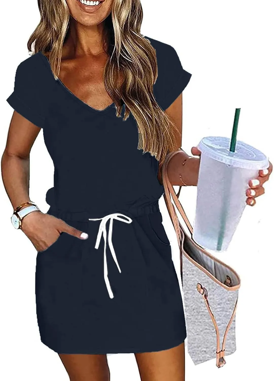 Casual Summer Dresses for Women 2025,Womens Fashion Summer Dress Lantern Sleeve Square Neck Tie Front Mini Beach Dresses