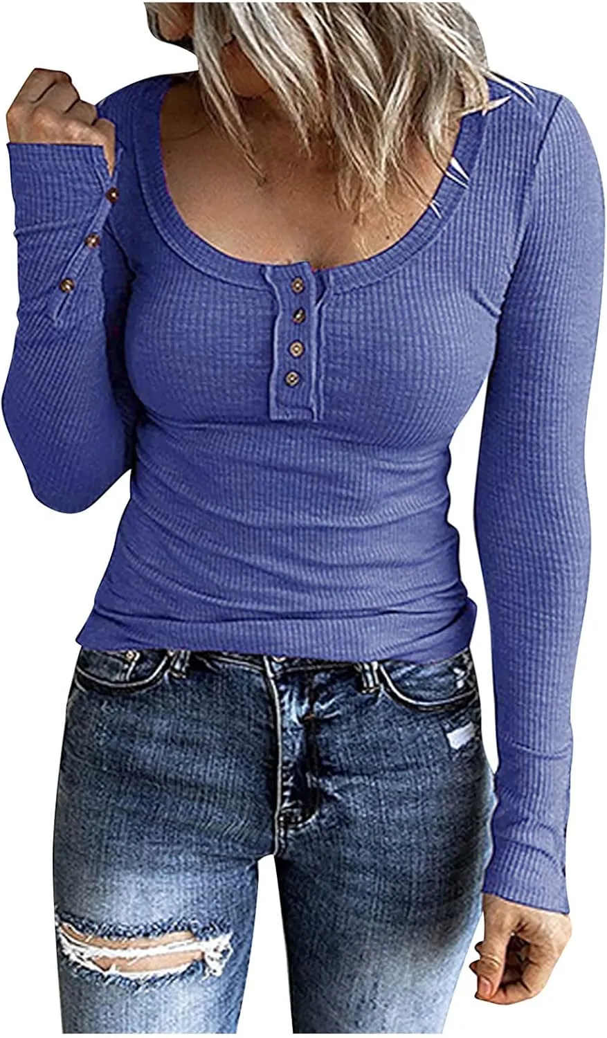 Ceboyel Long Sleeve Shirts for Women Trendy Ribbed Knit Blouses Button Down Henley Tops Fitted Cute Laides Fall Outfits 2023