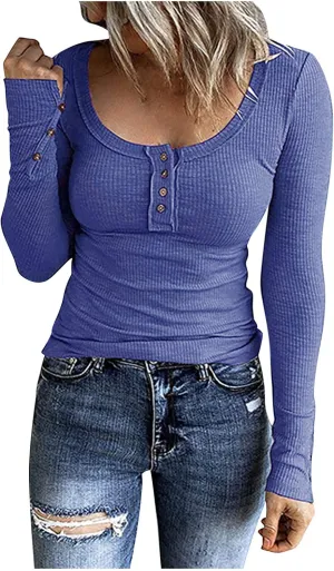 Ceboyel Long Sleeve Shirts for Women Trendy Ribbed Knit Blouses Button Down Henley Tops Fitted Cute Laides Fall Outfits 2023