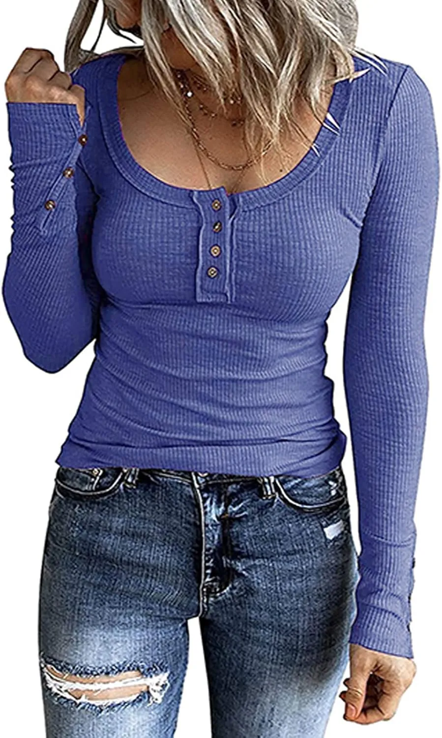 Ceboyel Long Sleeve Shirts for Women Trendy Ribbed Knit Blouses Button Down Henley Tops Fitted Cute Laides Fall Outfits 2023