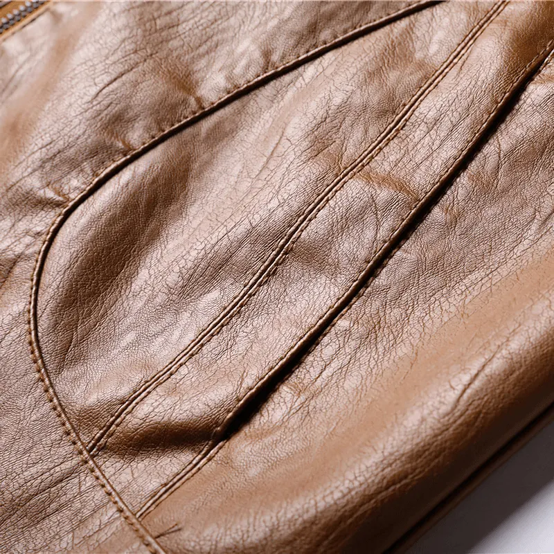 CLEARANCE / Faux Leather Minimalistic Zip-up Jacket with Stand Collar - US
