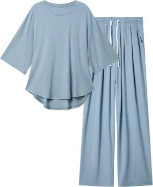 difficort Womens 2 Piece Outfits Short Sleeve Lounge Sets Wide Leg Workout Sets Loungewear Tracksuits with Pockets