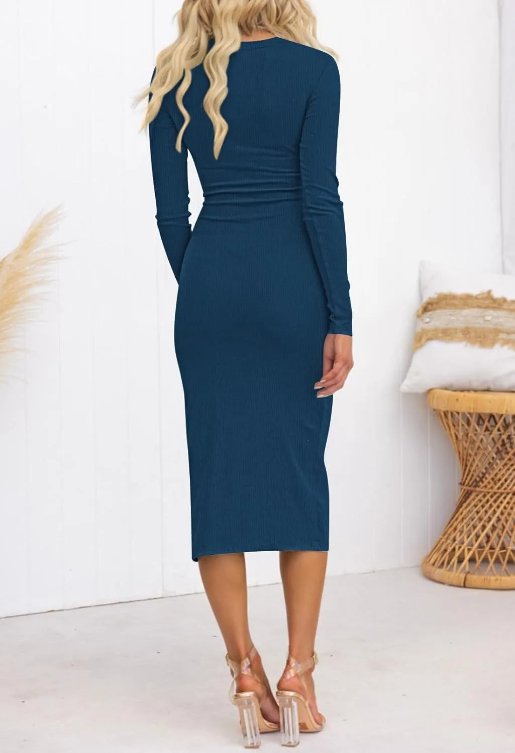Duigluw Women Cutout Long Sleeve Crewneck Twist Front Crisscross Ruched Split Bodycon Midi Dress