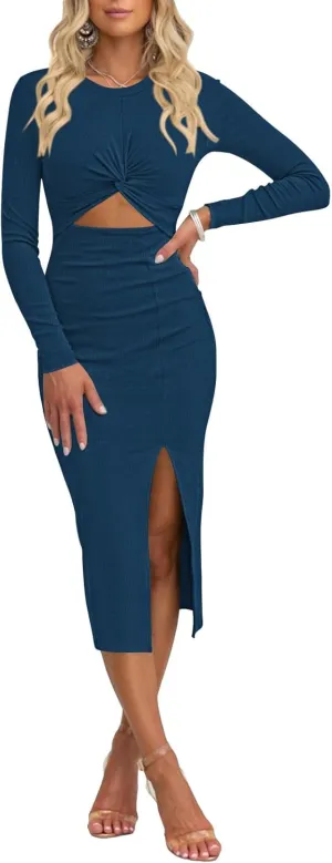 Duigluw Women Cutout Long Sleeve Crewneck Twist Front Crisscross Ruched Split Bodycon Midi Dress