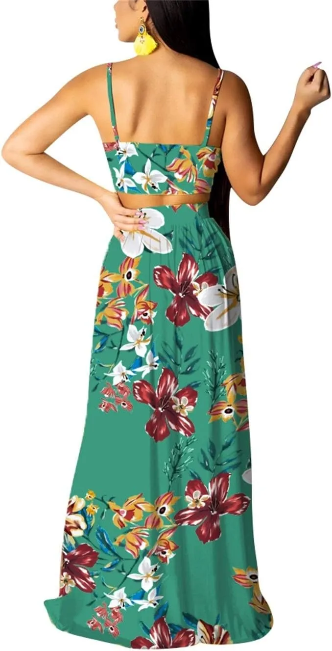 EOSIEDUR Women's Chiffon Bohemian Floral Printed 2 Piece Sets Crop Cami Top & Split Beach Party Maxi Dress