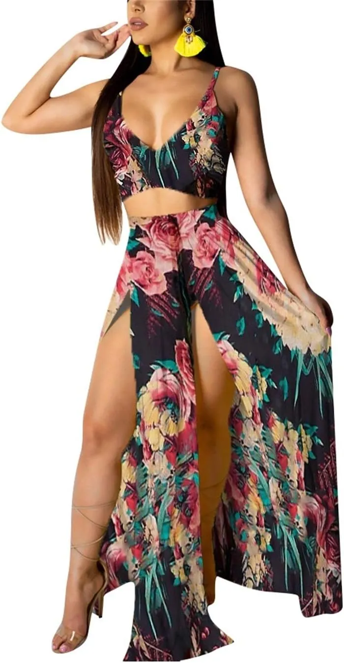 EOSIEDUR Women's Chiffon Bohemian Floral Printed 2 Piece Sets Crop Cami Top & Split Beach Party Maxi Dress