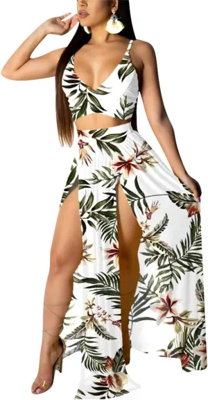 EOSIEDUR Women's Chiffon Bohemian Floral Printed 2 Piece Sets Crop Cami Top & Split Beach Party Maxi Dress