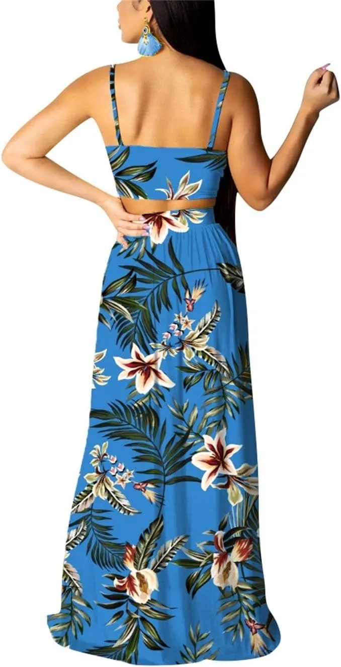 EOSIEDUR Women's Chiffon Bohemian Floral Printed 2 Piece Sets Crop Cami Top & Split Beach Party Maxi Dress