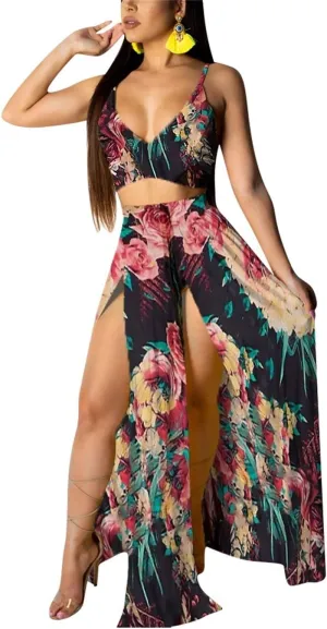 EOSIEDUR Women's Chiffon Bohemian Floral Printed 2 Piece Sets Crop Cami Top & Split Beach Party Maxi Dress