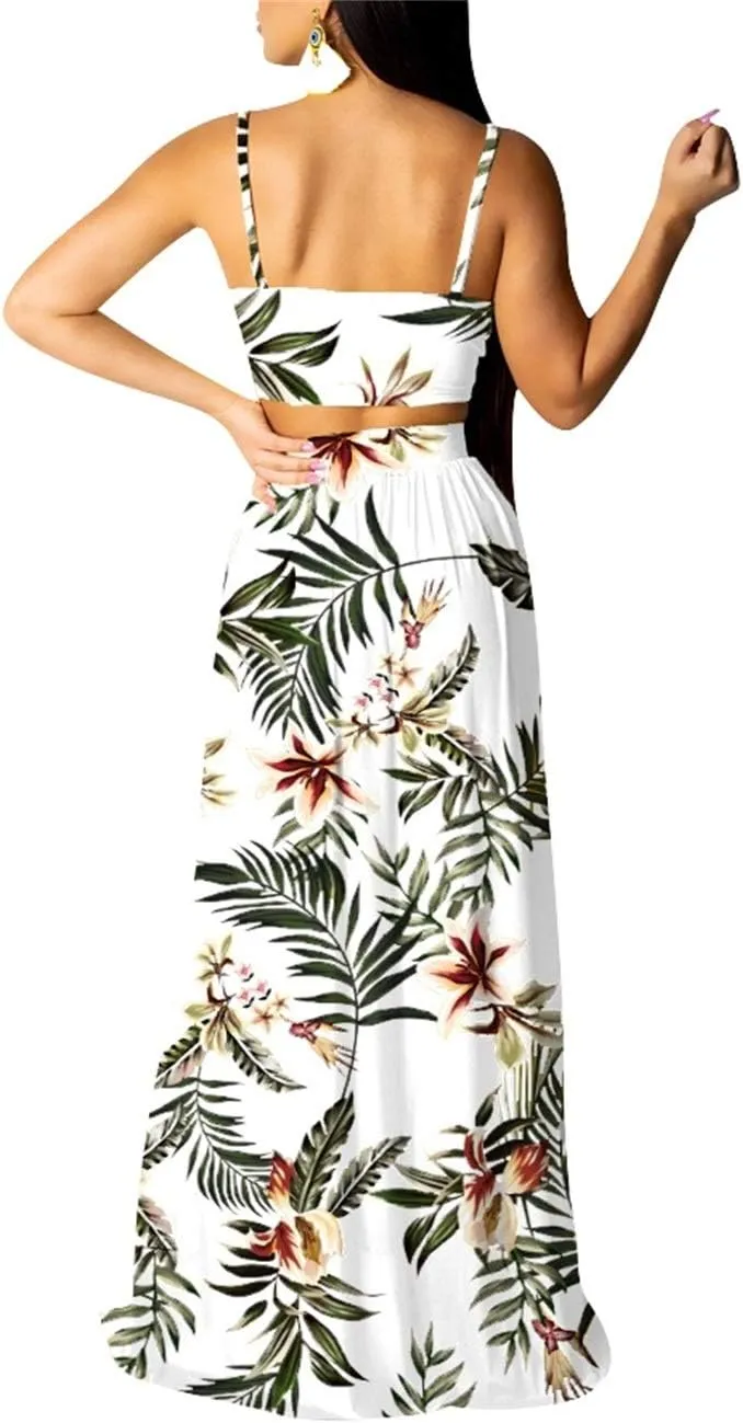EOSIEDUR Women's Chiffon Bohemian Floral Printed 2 Piece Sets Crop Cami Top & Split Beach Party Maxi Dress