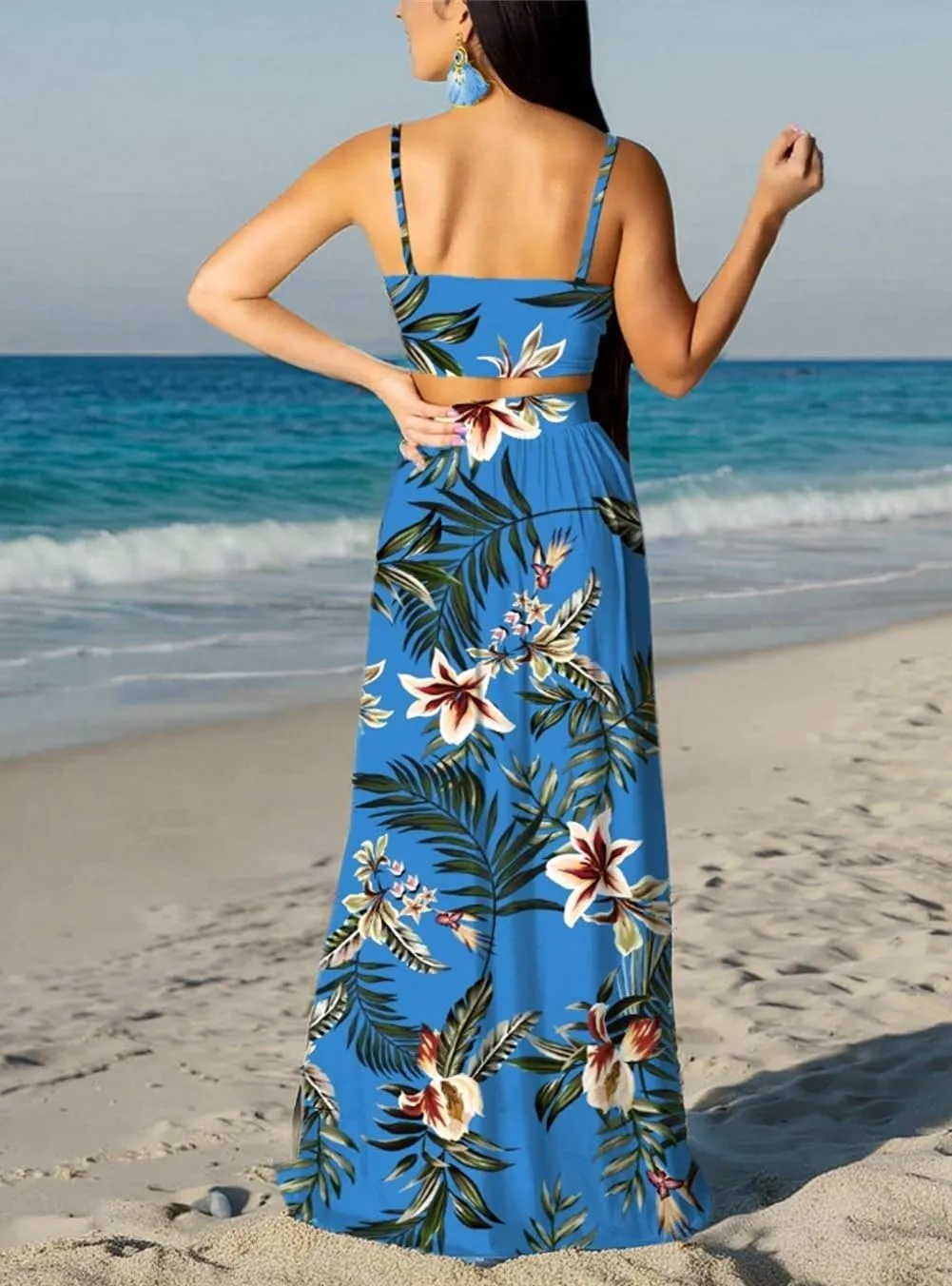EOSIEDUR Women's Chiffon Bohemian Floral Printed 2 Piece Sets Crop Cami Top & Split Beach Party Maxi Dress