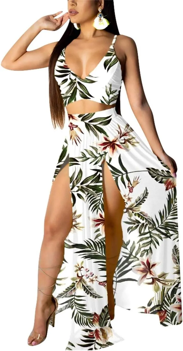 EOSIEDUR Women's Chiffon Bohemian Floral Printed 2 Piece Sets Crop Cami Top & Split Beach Party Maxi Dress