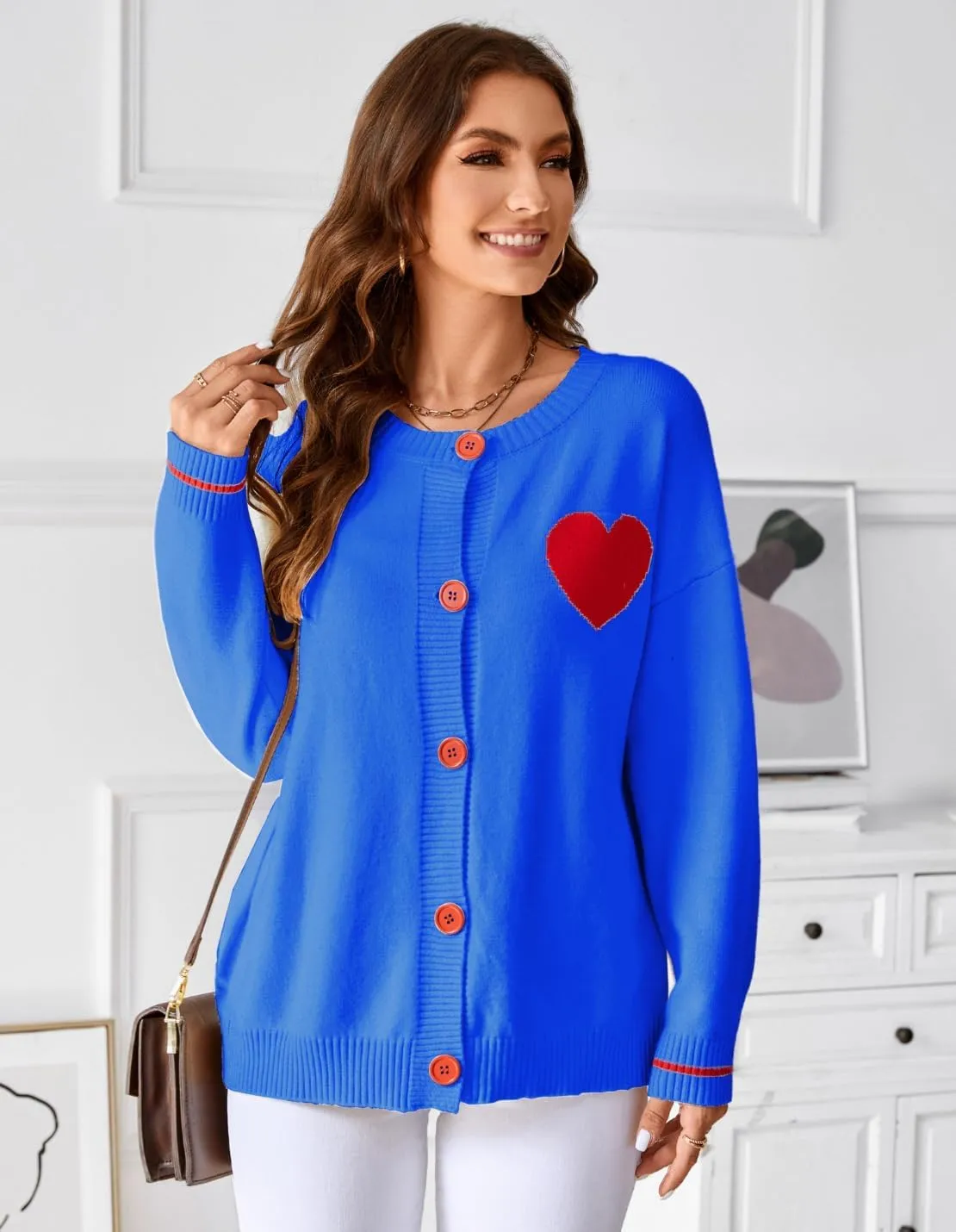 FindThy Women's Cute Cardigan Sweater Kawaii Love Heart Print Y2K Button Knitted Outerwear