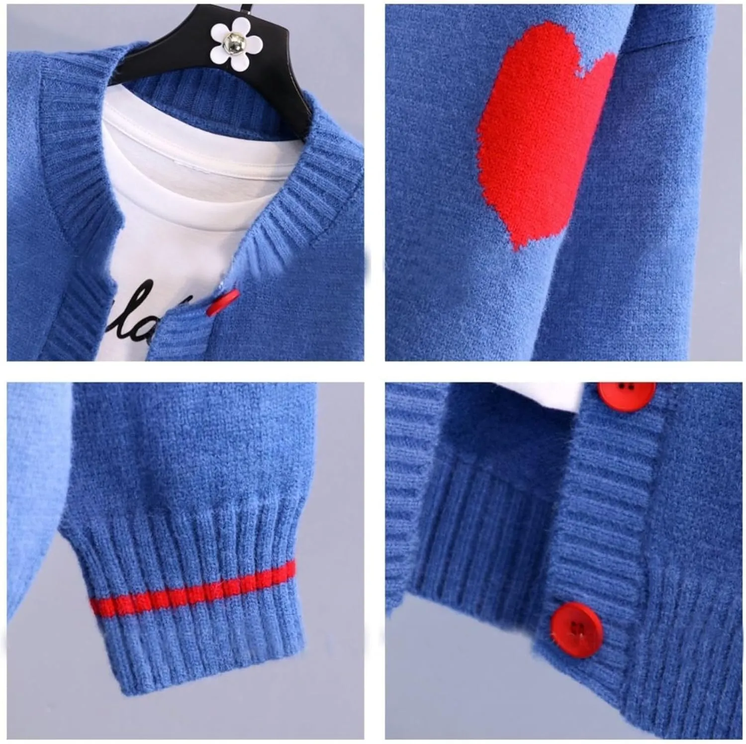 FindThy Women's Cute Cardigan Sweater Kawaii Love Heart Print Y2K Button Knitted Outerwear