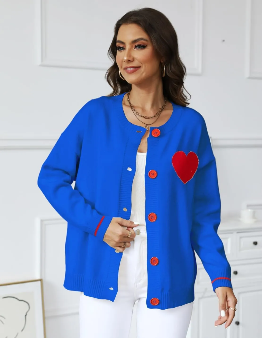 FindThy Women's Cute Cardigan Sweater Kawaii Love Heart Print Y2K Button Knitted Outerwear