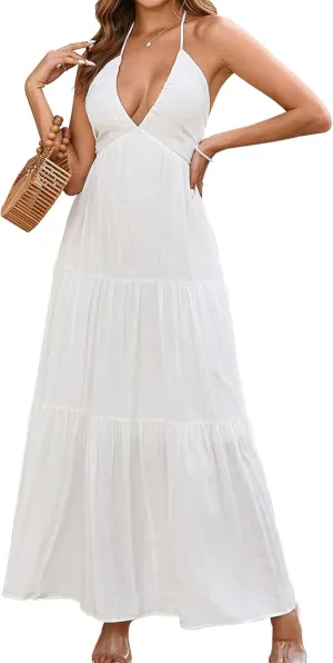 GLNEGE Summer Maxi Beach Dress Boho Halter V Neck Backless Bow Dresses Flowy Trendy Ruffle Sundress for Women 2025