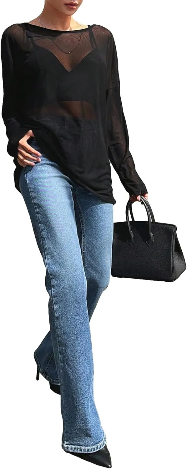 GORGLITTER Women's Mesh Long Sleeve Tops Sexy See Through Sheer Top Oversized Boat Neck T Shirts