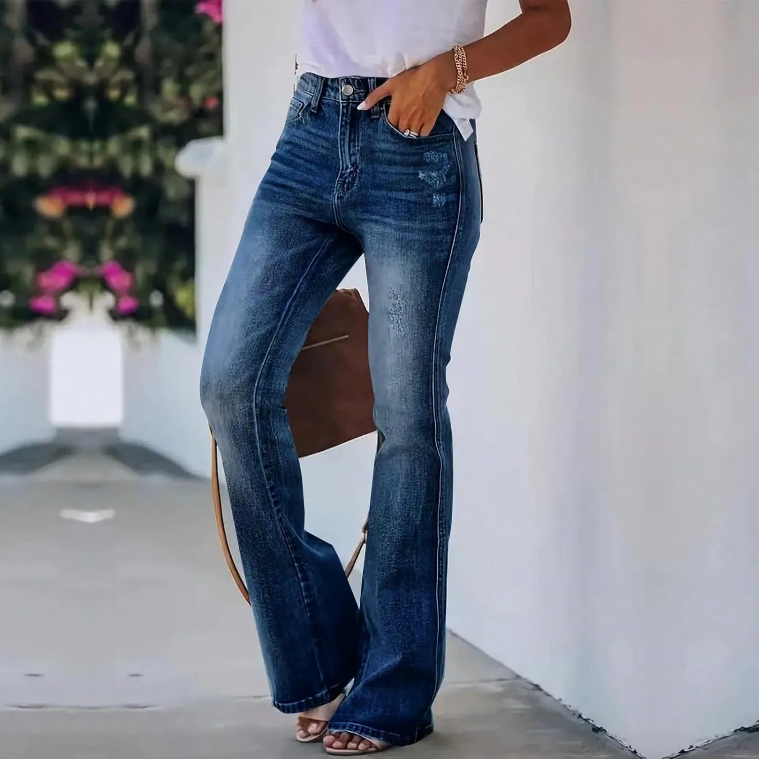 High Waisted Bootcut Jeans for Women Skinny Distressed Ripped Flare Jeans Curvy Denim Bell Bottom Pants with Pockets