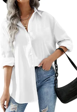 HOTOUCH Women Oversized Button Down Shirts Office Drop Shoulder Blouse Long Sleeve Boyfriend Dress Shirt with Pockets