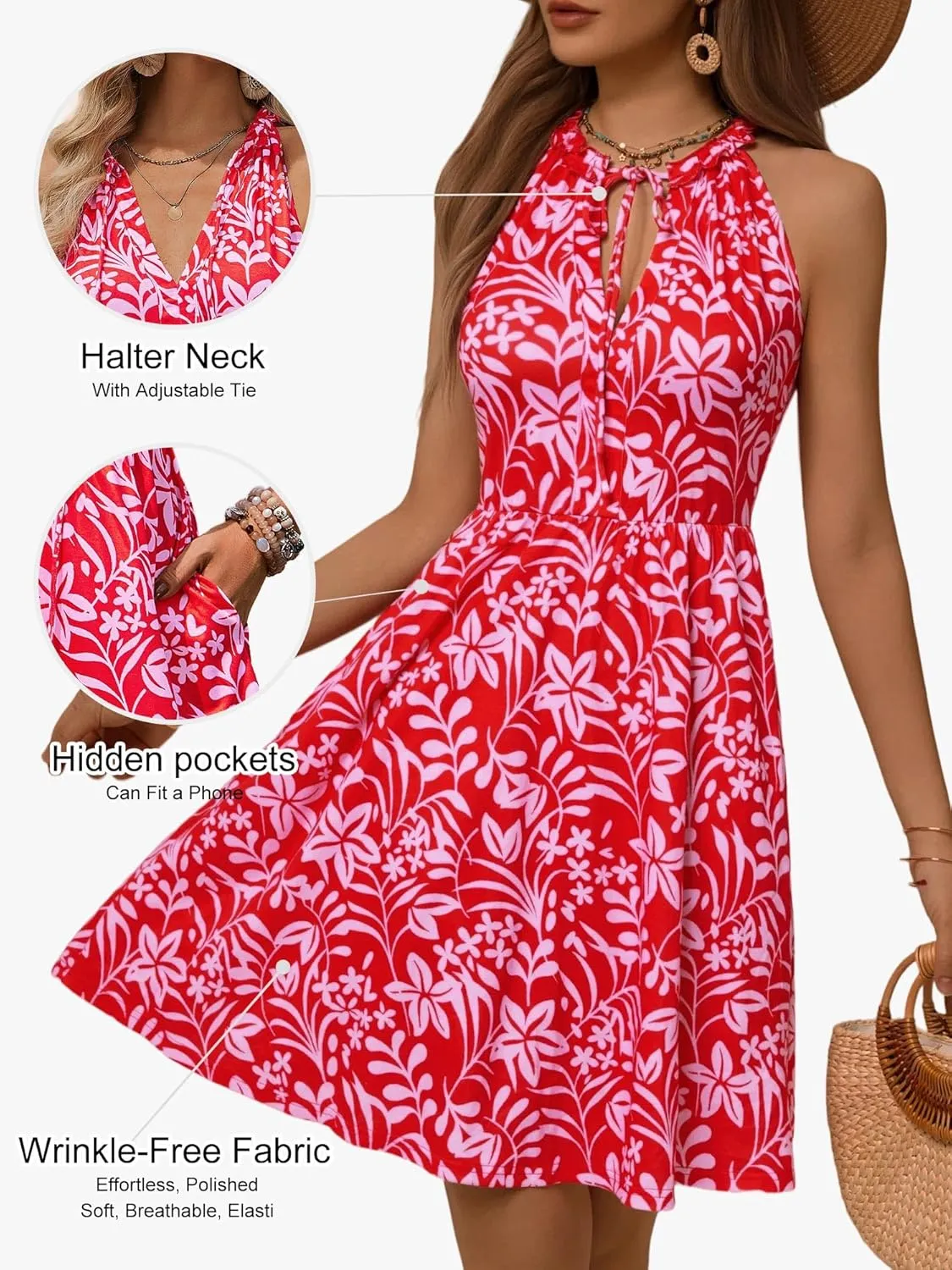 HUHOT Petite Women Teen Summer Halter Dress Vacation Mini Sundress with Pockets