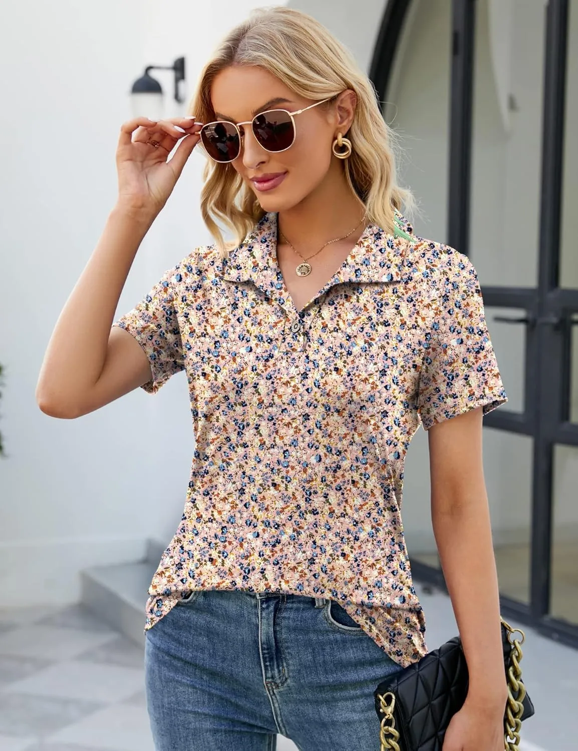 Ivicoer Womens V Neck Short Sleeve Polo Shirts Button Down Collared Tops Work Tunic Blouses Business Casual
