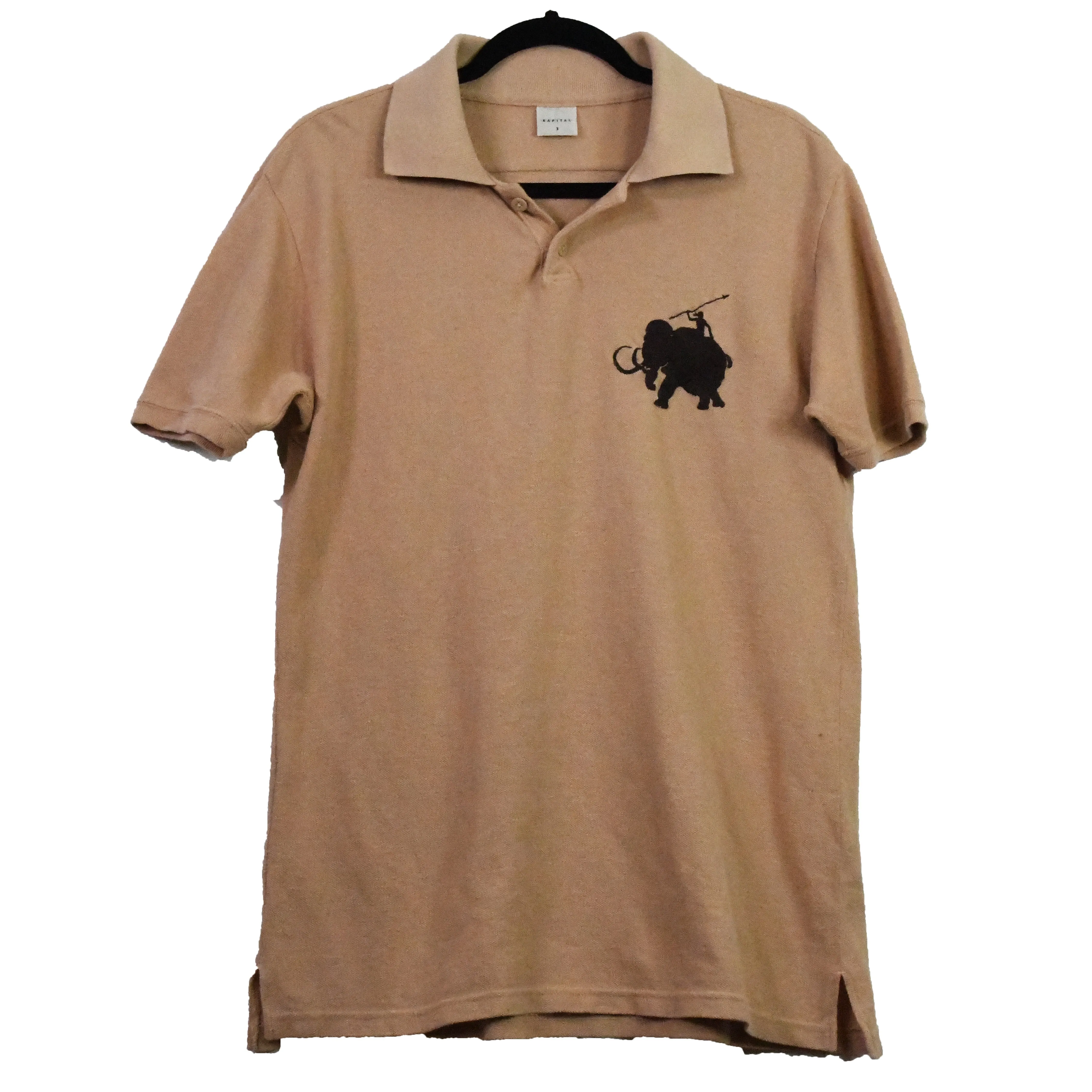Kapital peach “Polo Spoof” wooly mammoth logo collared shirt 3/large